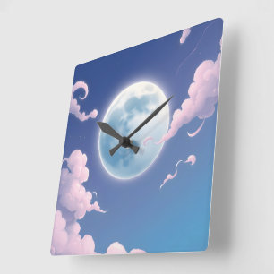 Horloge Carrée Jolie illustration fantaisiste de la lune dans le 