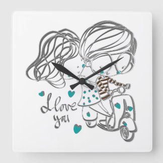 Horloge Carrée Jolie illustration numérique "Je t'aime" dessinée