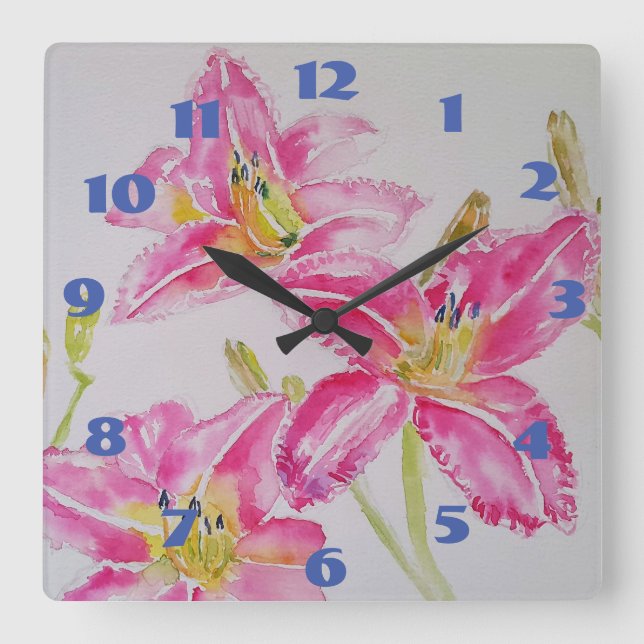 Horloge Carrée Jolie Lys Rose Aquarelle Art Flower (Recto)