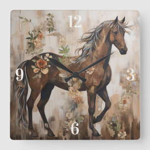 Horloge Carrée Jolie peinture florale à cheval