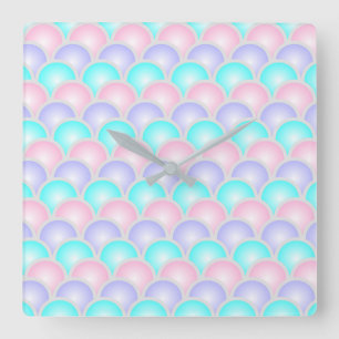 Horloge Carrée jolie rose aqua bleu pastel écailles de sirène