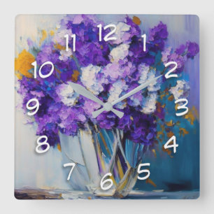 Horloge Carrée Jolies Fleurs Violettes Vintage