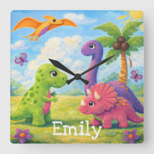 Horloge Carrée Jolis amis dinosaures fille colorés Enfants 