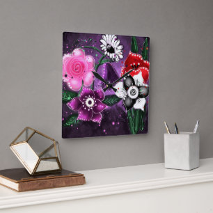 Horloge Carrée Jonquille Whimsical Floral Purple Noir Rose Daisy