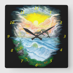 Horloge Carrée Jouer aux dauphins sous le soleil
