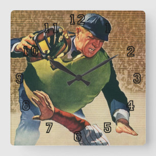 Horloge Carrée Joueur de baseball de sports vintage, l'arbitre