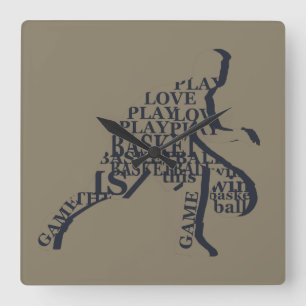 Horloge Carrée joueur de basketball dribant avec texte intégral d