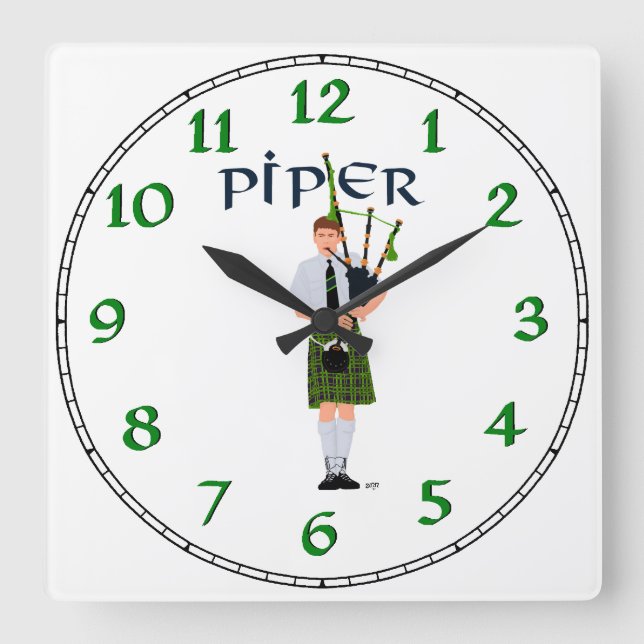Horloge Carrée Joueur de cornemuse - Kilt vert (Recto)