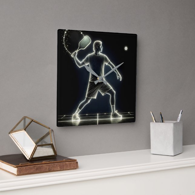 Horloge Carrée Joueur Neon Pickleball Avec Paddle (Bureau)