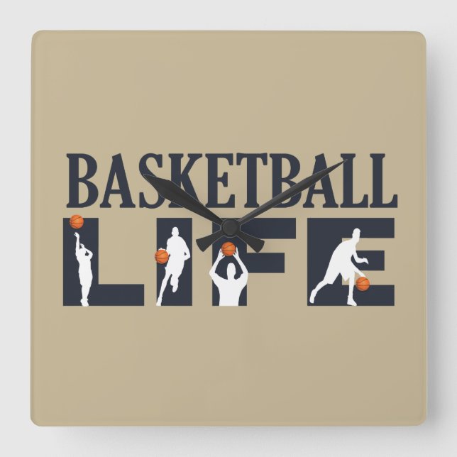 Horloge Carrée Joueurs de basket-ball avec boule orange (Recto)