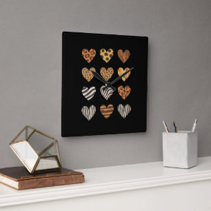 Horloge Carrée Jour de la Saint-Valentin Cœur Léopard Mignon 
