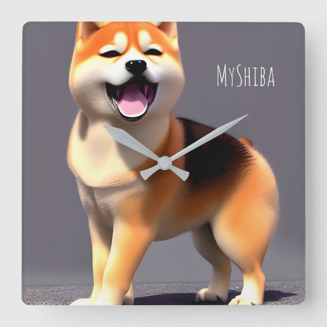 Horloge Carrée Joy Shiba Inu Portrait Personnalisé Photo & Nom (Recto)