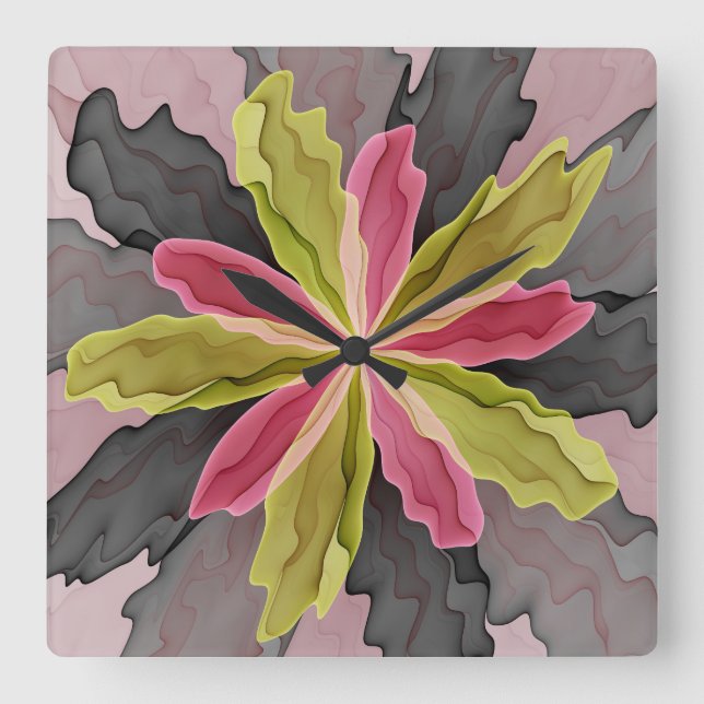 Horloge Carrée Joy, Vert rose Anthracite Imaginaire Fleur Fractal (Recto)