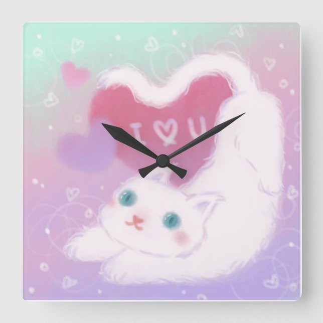 Horloge Carrée Joyeuse Saint-Valentin avec chat blanc duveteux (Recto)