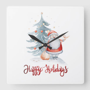 Horloge Carrée Joyeuses Fêtes, Père Noël Sapin