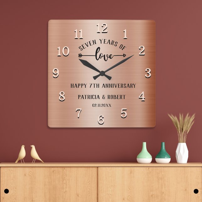 Horloge Carrée Joyeux 7e anniversaire Mariage de cuivre (Happy 7th Wedding Anniversary Copper Anniversary Square Wall Clock)