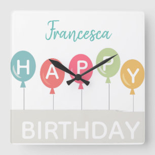Horloge Carrée Joyeux anniversaire coloré ballons nom personnalis