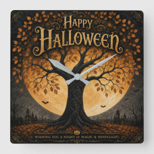 Horloge Carrée Joyeux Halloween Arbre Squelettique Pleine Lune Go