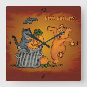 Horloge Carrée Joyeux Halloween avec Chat Chat Chien et Araignée