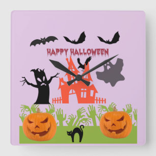 Horloge Carrée Joyeux Halloween Écorce d'arbre menaçant, Chauves-