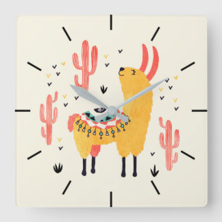 Horloge Carrée Joyeux lama avec cactus