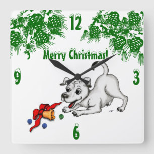 Horloge Carrée Joyeux Noël ! Chiot avec Bell et Ball