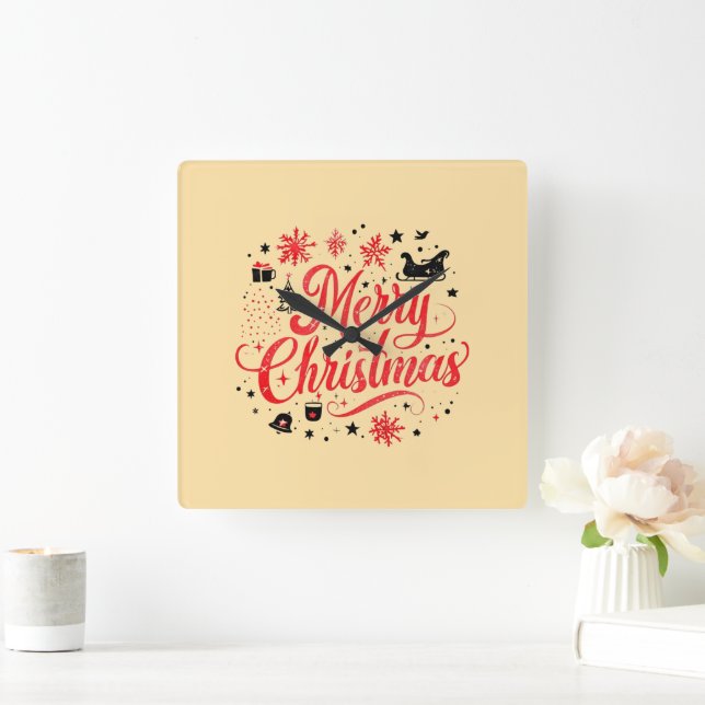 Horloge Carrée Joyeux Noël Design moderne | Rouge et blanc (Maison)