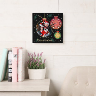 Horloge Carrée Joyeux Noël Famille Photo Vacances Personnaliser