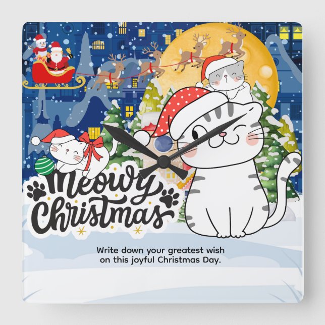 Horloge Carrée Joyeux Noël Miaou (Recto)
