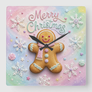 Horloge Carrée Joyeux Noël Pâtisserie Gingerbread Flocons de Neig