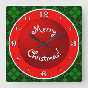 Horloge Carrée Joyeux Noël Rouge n Vert Plaid