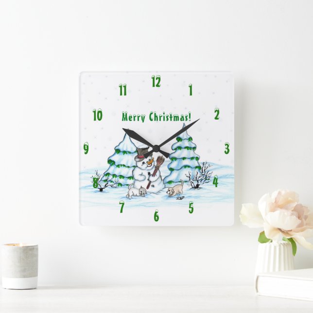 Horloge Carrée Joyeux Noël ! Snowman avec chat et chiot (Maison)