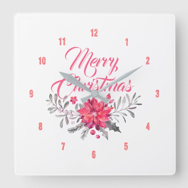 Horloge Carrée Joyeux Noël Typographie moderne Bouquet Fleurs Bou (Recto)