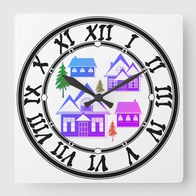Horloge Carrée Joyeux Noël violet rose maisons vert (Recto)