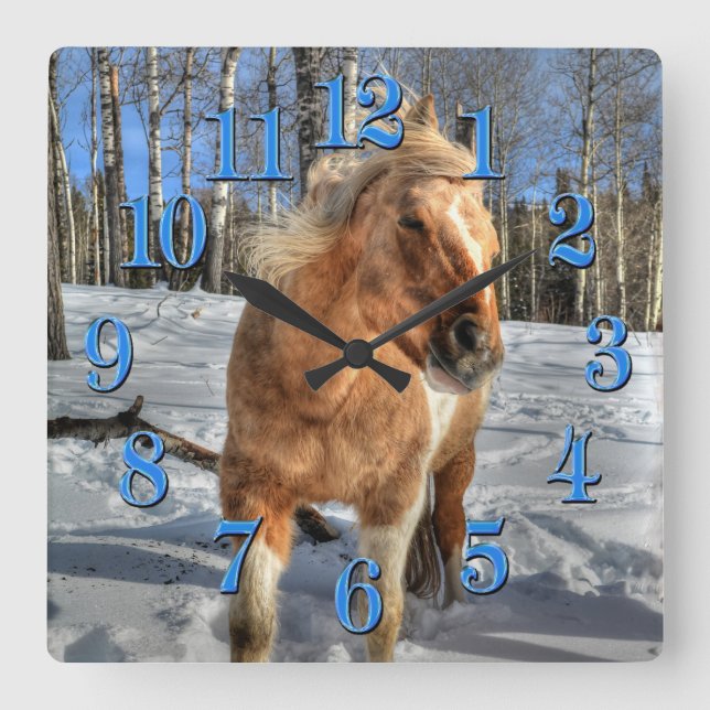 Horloge Carrée Joyeux Palomino Pinto Horse et neige (Recto)