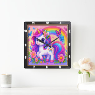 Horloge Carrée Joyeux Rainbow Unicorn Floral
