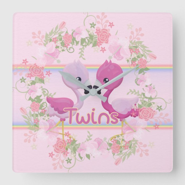 Horloge Carrée Jumeaux Flamingo Time (Recto)