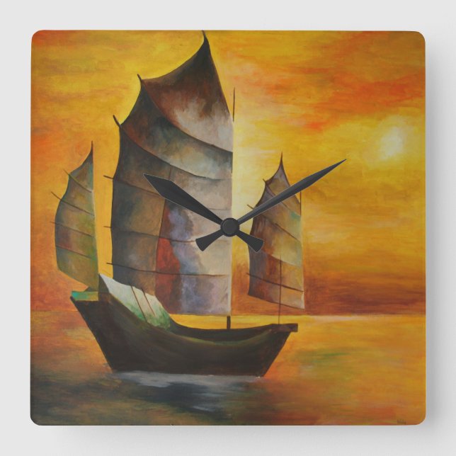 Horloge Carrée Junk chinoise en ocre et jaune (Recto)