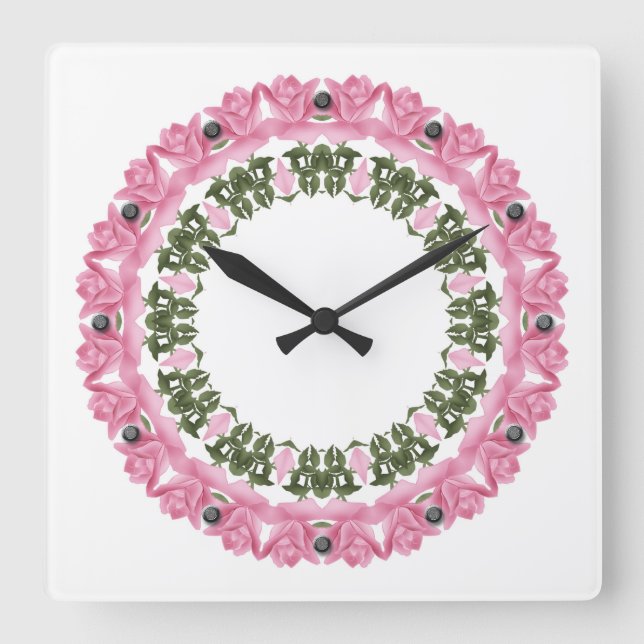 Horloge Carrée Kaléidoscope floral (Recto)