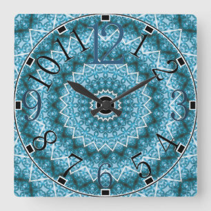 Horloge Carrée Kaleidoscope / Mandala bleu clair