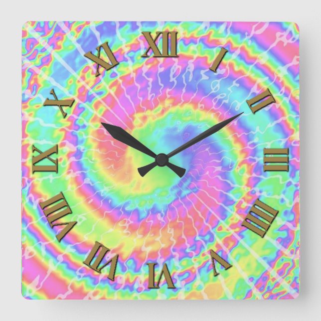 Horloge Carrée Kaléidoscope spirale TIE DYE NUMÉRO ROMAIN (Recto)