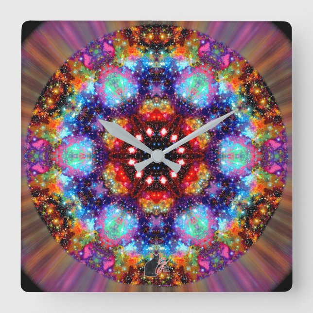 Horloge Carrée Kaleidoscope Stellaire Incandescente (Recto)