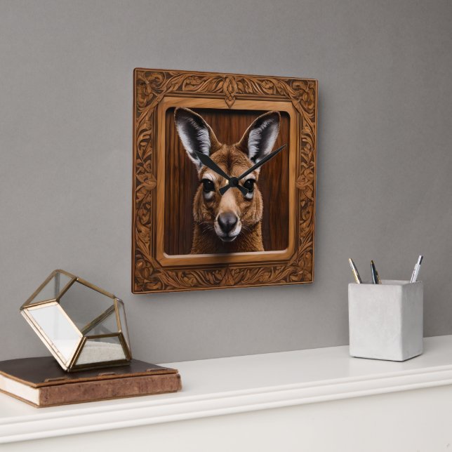 Horloge Carrée Kangaroo en bois 3D australien (Bureau)