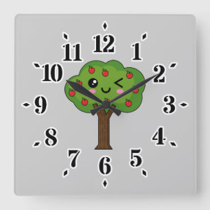 Horloge Carrée Kawaii Joyeux Pommier À Voie