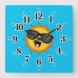 Horloge Carrée Kawaii Joyeux soleil avec lunettes de soleil