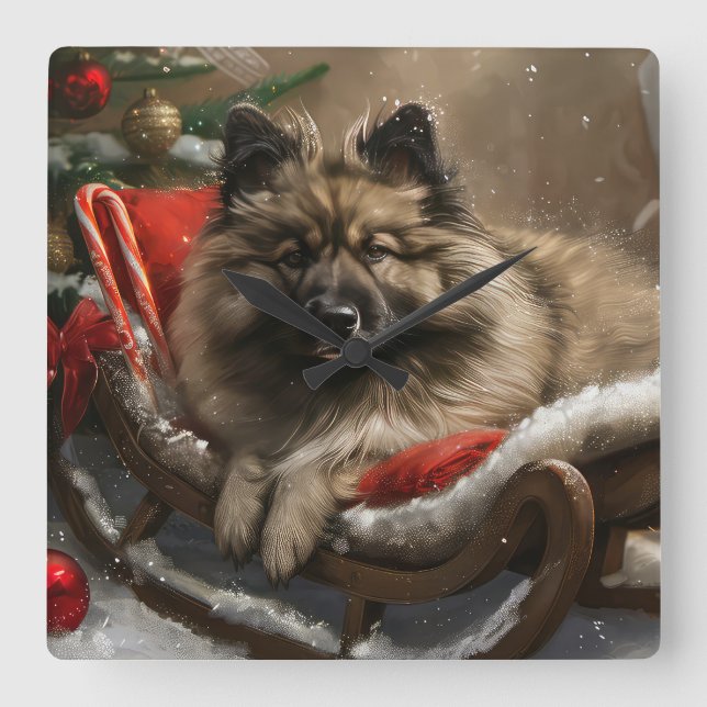 Horloge Carrée keeshond Festive de Noël de chien (Recto)