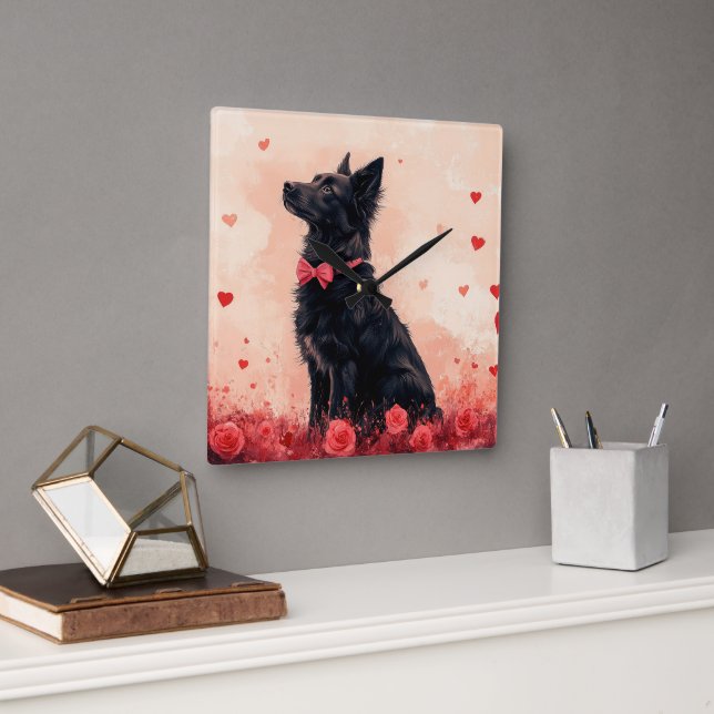 Horloge Carrée Kelpie australien avec des roses - Saint-Valentin (Bureau)