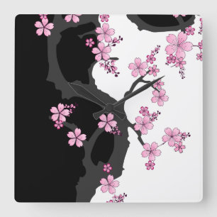 Horloge Carrée Kimono japonais Sakura noir et blanc
