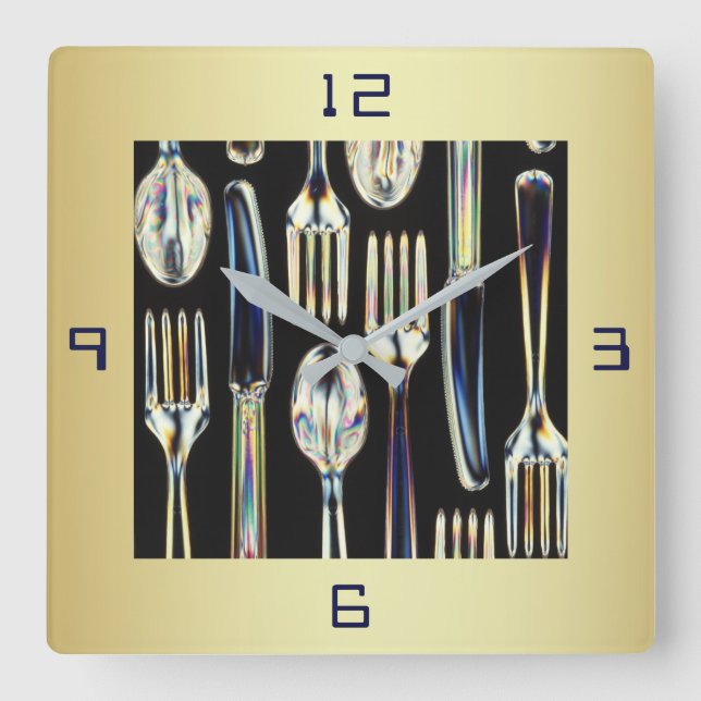 HORLOGE CARRÉE KITCHEN CLOCK WITH KNIVES FORKS AND SPOONS (Recto)