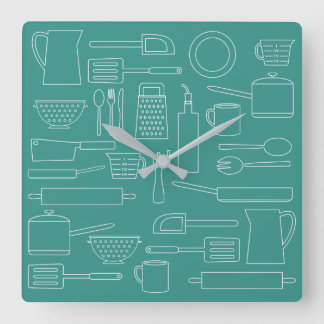 Horloge Carrée Kitchen Cooking Utensils Theme Teal Kitchen Clock